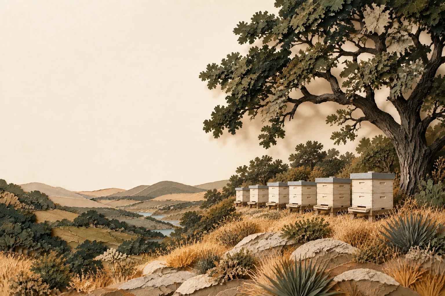 Illustrated beehives beneath a live oak in the Texas Hill Country.