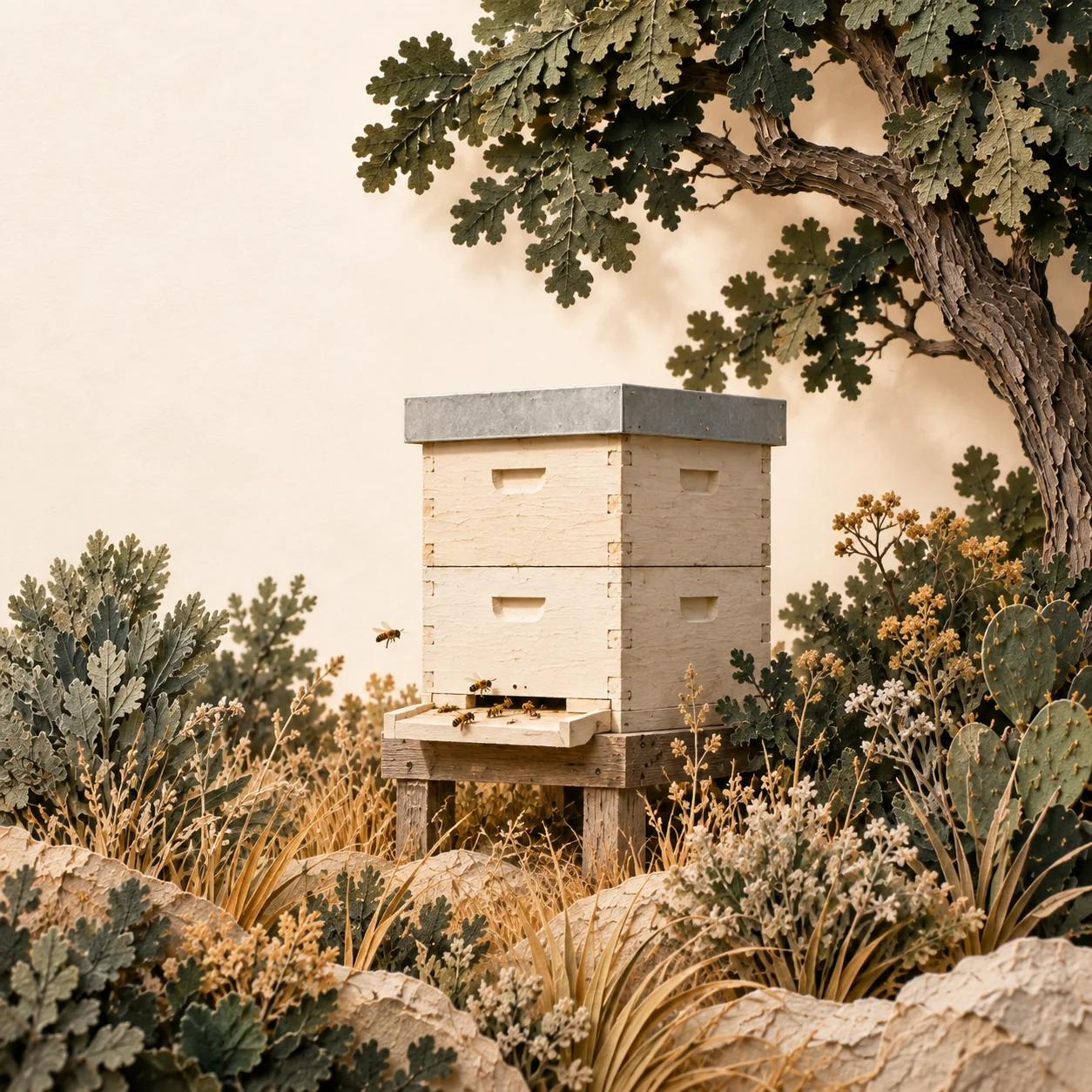 A cream-colored beehive illustrated in textured paper.
