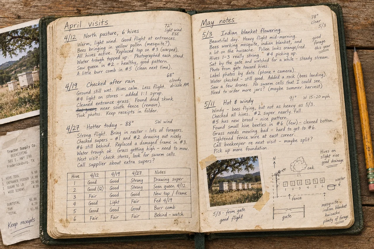 Used beekeeping field journal filled with handwritten inspection notes, a hive checklist, a taped photo, and a rough apiary sketch.