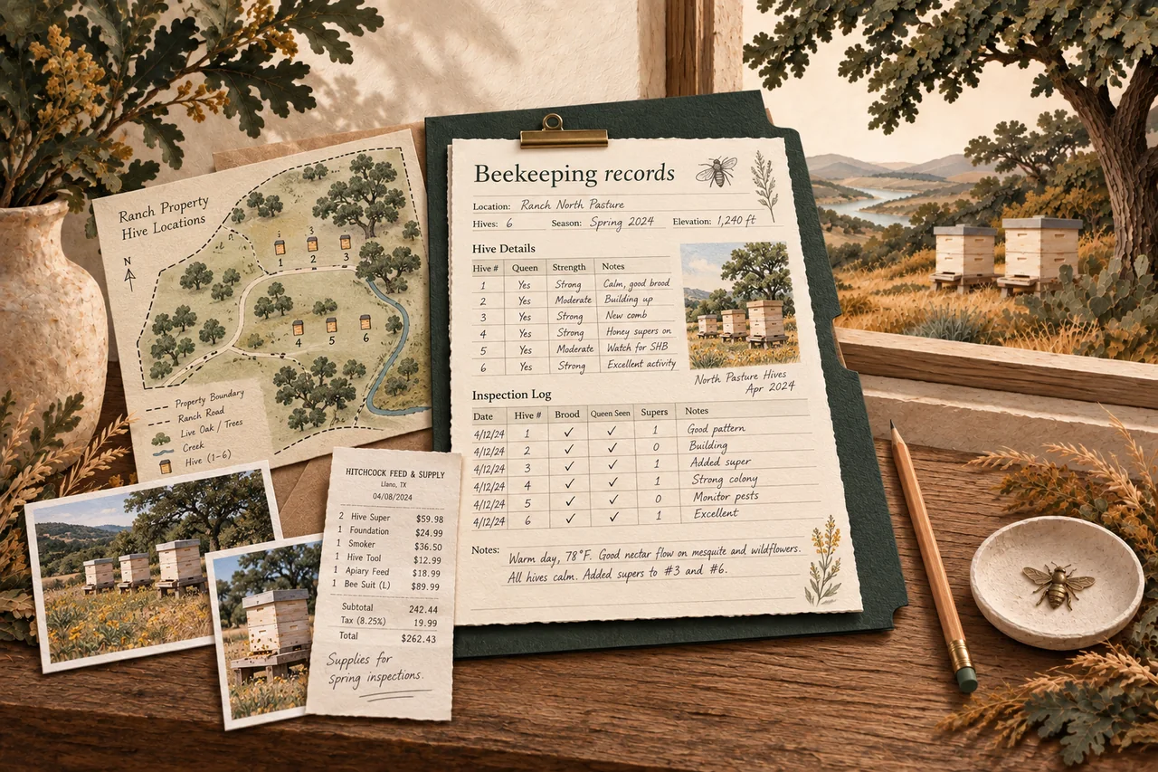 Illustrated beekeeping report with inspection notes, hive photographs, a property map, and receipts.